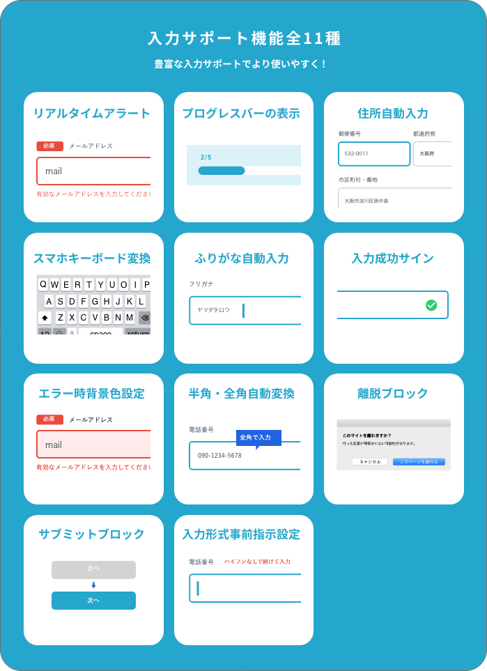 入力サポート機能全11種 豊富な入力サポートでより使いやすく！「リアルタイムアラート」「プログレスバーの表示」「住所自動入力」「スマホキーボード変換」「ふりがな自動入力」「入力成功サイン」「エラー時背景色設定」「半角・全角自動変換」「離脱ブロック」「サブミットブロック」「入力形式事前指示設定」