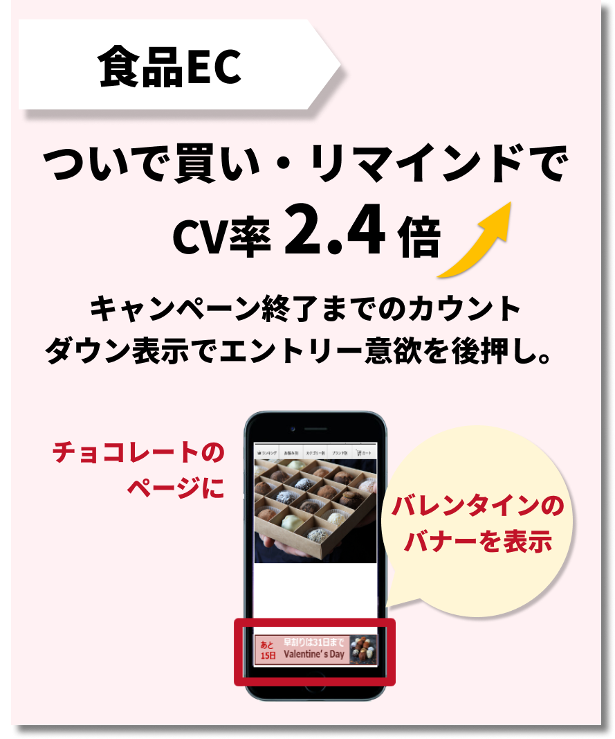 食品EC：ついで買い・リマインドでCV率2.4倍UP！キャンペーン終了までのカウントダウン表示でエントリー意欲を後押し。