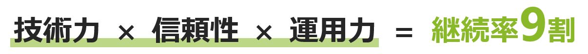 技術力 × 信頼性 × 運用力 = 継続率9割