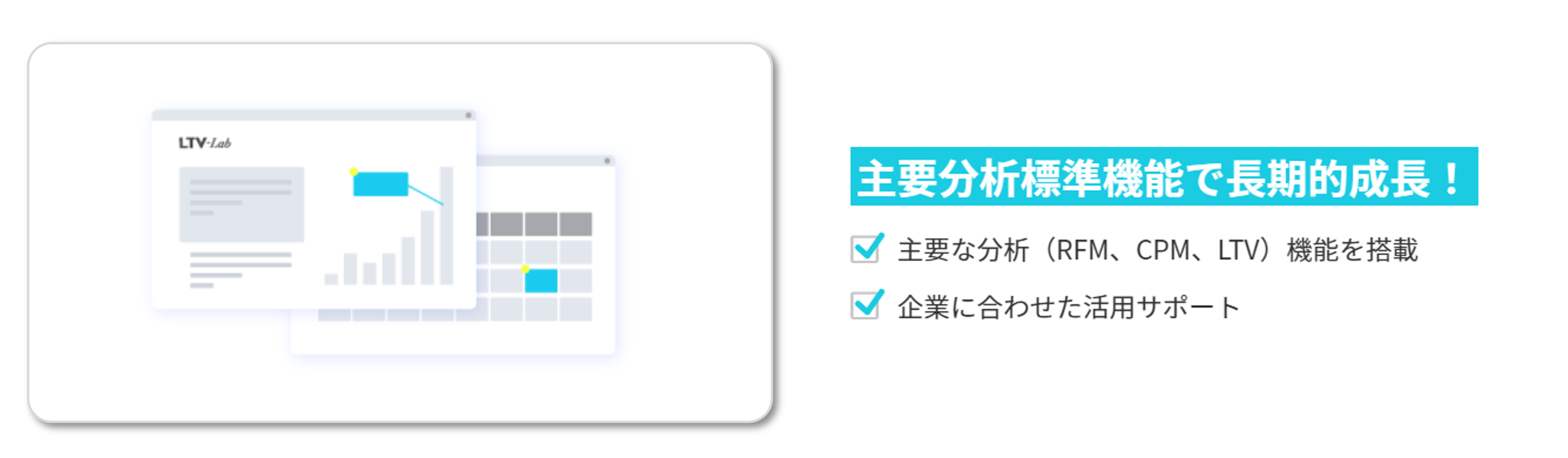 主要分析標準機能で長期的成長！「主要な分析（RFM、CPM、LTV）機能を搭載」「企業に合わせた活用サポート」