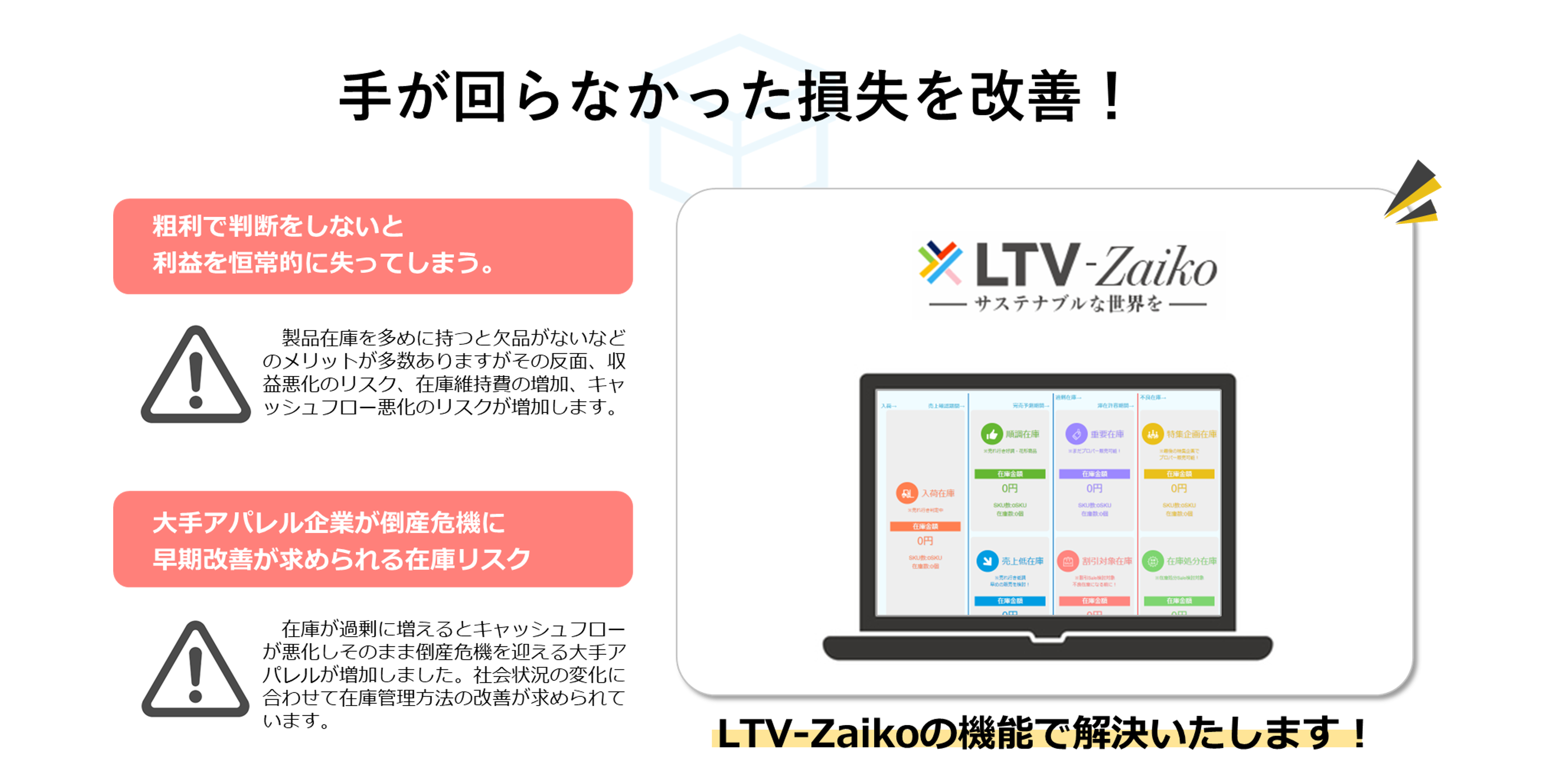 『手が回らなかった損失を改善！LTV-Zaikoの機能で解決いたします！』「粗利で判断しないと利益を恒常的に失ってしまう。製品在庫を多めに持つと欠品がないなどのメリットが多数ありますがその反面、収益悪化のリスク、在庫維持率の増加、キャッシュフロー悪化のリスクが増加します。」「大手アパレル企業が倒産危機に。早期改善が求められる在庫リスク。在庫が過剰に増えるとキャッシュフローが悪化してそのまま倒産危機を迎える大手アパレルが増加しました。社会状況の変化に合わせて在庫管理方法の改善が求められています。」