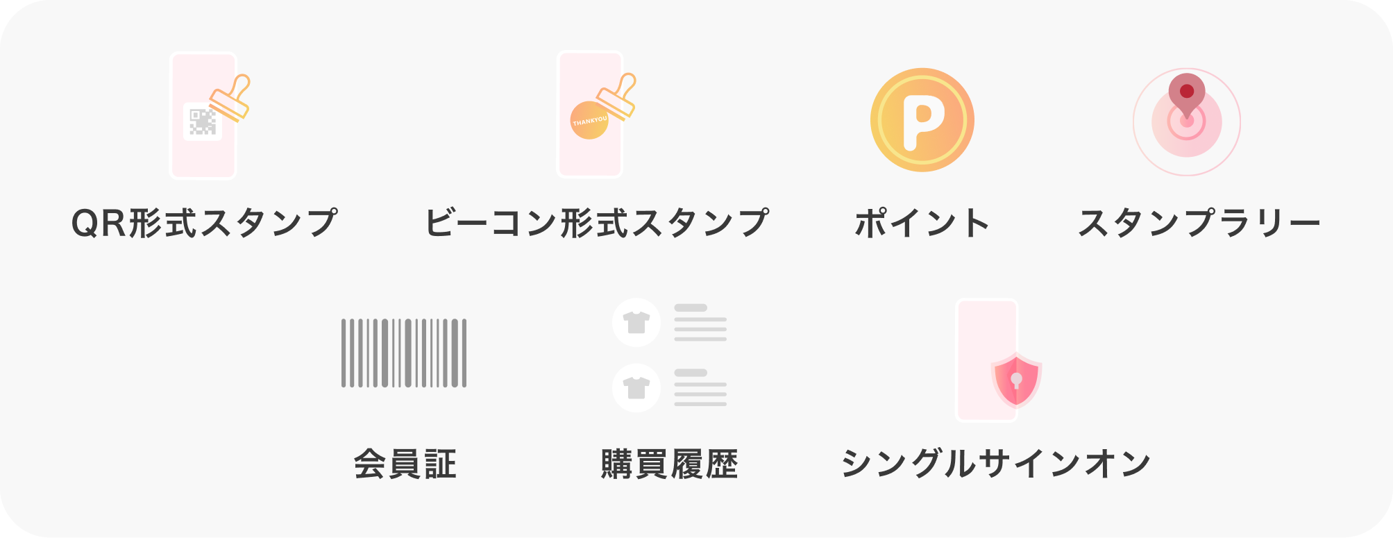 「QR形式スタンプ」「ビーコン形式スタンプ」「ポイント」「スタンプラリー」「会員証」「購買履歴」「シングルサインオン」