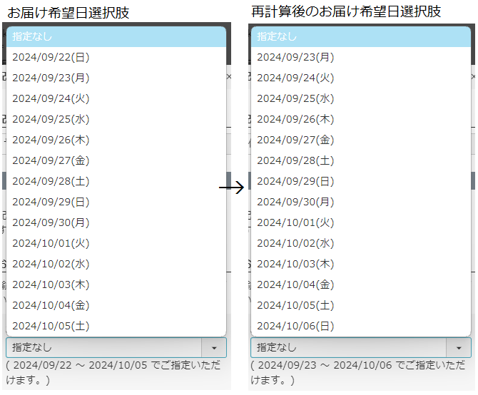 再計算によってお届け希望日選択肢が変更