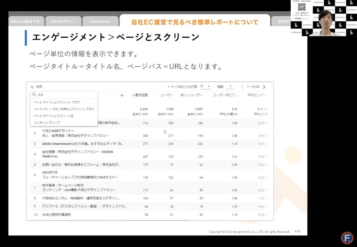 GA4のエンゲージメントのページとスクリーン